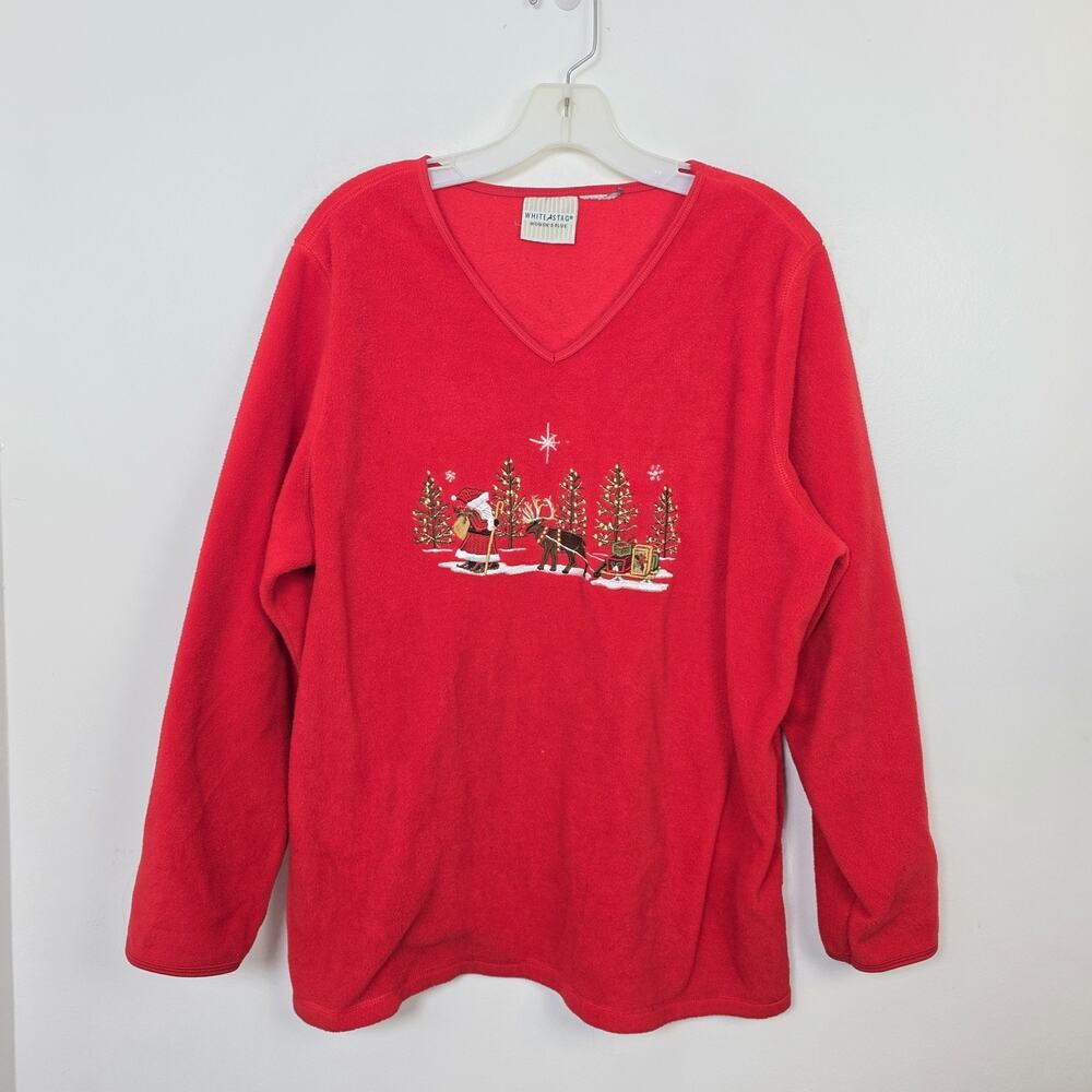 White Stag Red Fleece Christmas Santa Claus Reindeer‎ Embroidered Sweater Sz 2XL